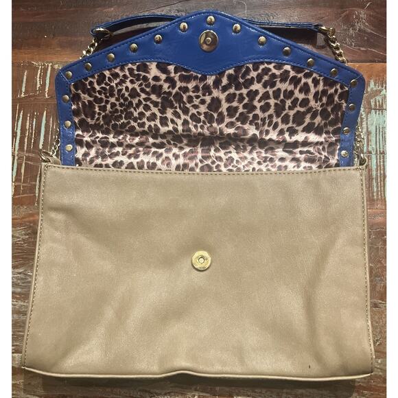 Kate Landry Tan Shoulder Bag Purse With Blue And Gold Accents Cheetah Lining - Picture 6 of 10